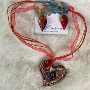 Millifori glass bead red heart on ribbon with earings